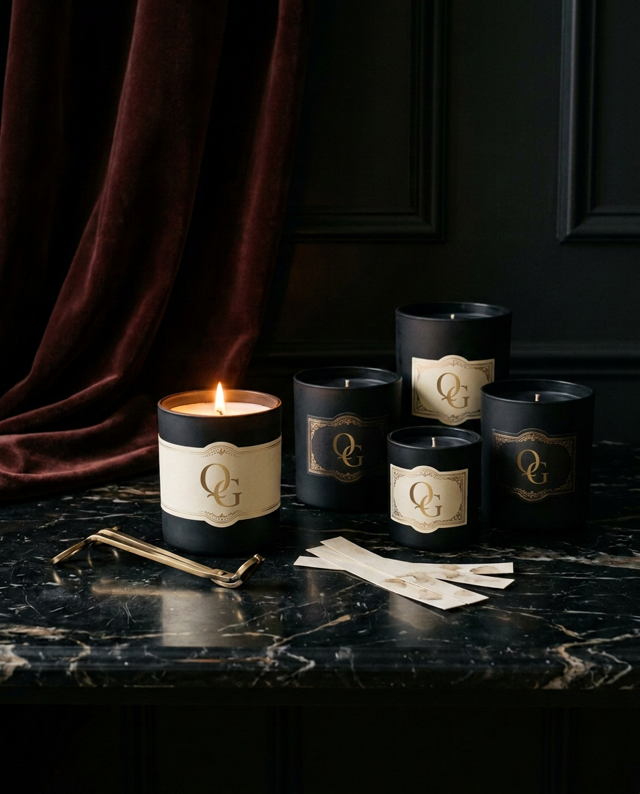A moody collection of Questionable Goods candles on black marble