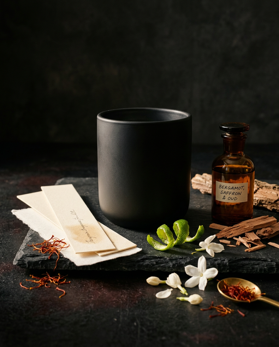 Fragrance ingredients and a matte black candle vessel on dark stone