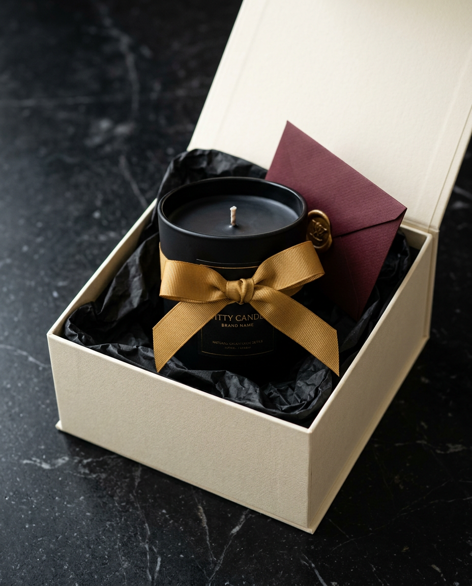A luxury black candle arranged in an ivory gift box
