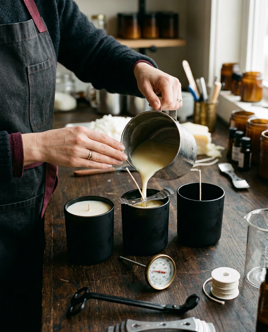 Candle wax being poured by hand into matte black vessels
